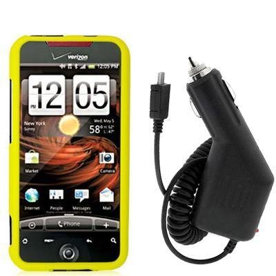 Yellow Rubberized Snap-On Hard Skin Case Cover + Car Vehicle Charger Accessories for HTC Droid Incredible Phone by Electromaster