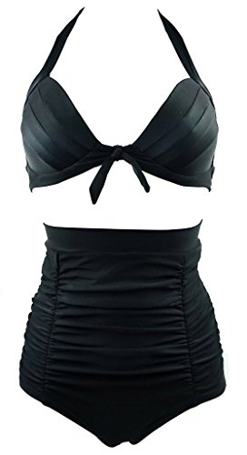 V'SHOW 1950s Solid Black Polka Dot High Waisted Bikini Swimsuits Swimwear(FBA)