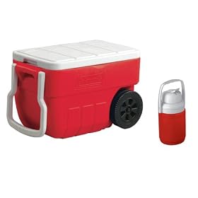 Fulfill all your cooler needs for car camping, tailgating, and picnics with this Coleman cooler combo, which includes a wheeled 34-quart Cooler and a 1/3-gallon beverage jug. The cooler can hold up to 36 beverage cans plus ice and it has a reversible lid that can be used as a tray with a built-in drink and plate holder. It also features durable 7-inch wheels for all-terrain handling, and it measures 22.25 x 15.25 x 13.4 inches. The beverage jug has a wide mouth with easy screw-on cap, flip-top spout for sipping or pouring, and stain-and odor-resistant liner.