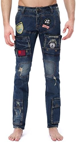 JKFUN Men's Brand Original-Fit Stitching Utility Jean Multi Pockets Cargo Pants Color Blue Size 30