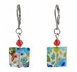 Earrings - E390 - Millefiore Squares ~ Clear with Aqua, Green, Orange and Blue obalt Blue with Multi Flowers