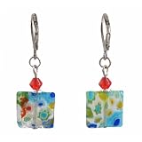 Earrings - E390 - Millefiore Squares ~ Clear with Aqua, Green, Orange and Blue obalt Blue with Multi Flowers