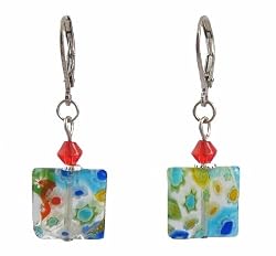Earrings - E390 - Millefiore Squares ~ Clear with Aqua, Green, Orange and Blue obalt Blue with Multi Flowers