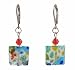 Earrings - E390 - Millefiore Squares ~ Clear with Aqua, Green, Orange and Blue obalt Blue with Multi Flowers