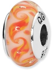 Sterling Silver White/Orange Swirls Hand-blown Glass Charm Bead Fits Pandora Chamilia Biagi Bracelet