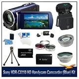 Sony HDR-CX110 16GB High Definition Handycam Camcorder (Blue) ULTIMATE bundle with 8 Hour Battery, Additonal 16GB Memory Stick, Titanium .45 Wide Angle Lens, Titanium 2x Telephoto Lens, 3 Piece Filter kit, Card Reader, Case, Tripod, Screen Protectorts, Le