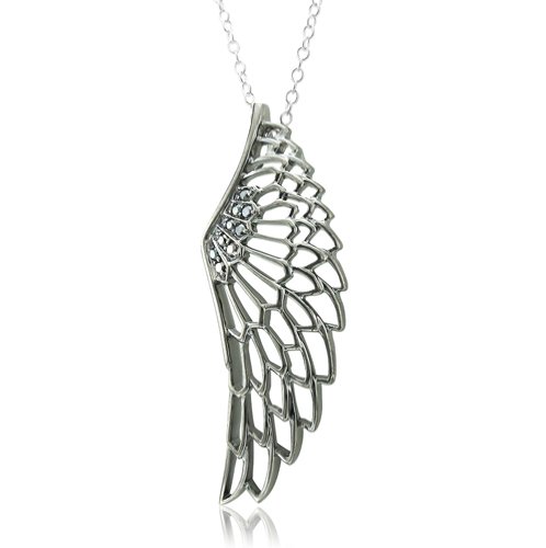 Sterling Silver Black Angel Feather Wing Black Diamond Pendant Necklace - 0.10 carat