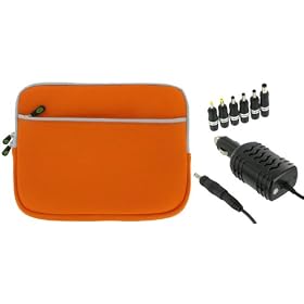 2n1 Combo - Samsung N130-13P 10.1-Inch Netbook Neoprene Sleeve SlipCase and 12v Car Charger (Invisible Zipper Dual-Pocket - Orange)