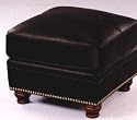 Dark Brown Leather Ottoman Nail Head Accents with Wood Bun Foot