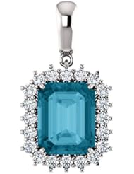 14K White Gold 10.00x8.00mm Emerald Cut London Blue Topaz and Diamond Pendant -- LIFETIME WARRANTY