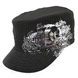 GRAY PINSTRIPED SILVER FOIL SKULL GOTH MILITARY CAP HAT
