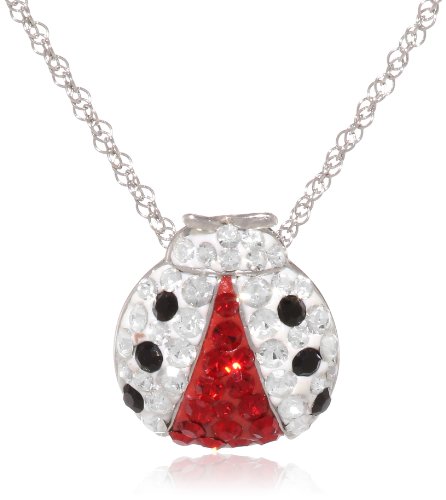 Sterling Silver Red and Black and Clear Crystal Ladybug Pendant Necklace, 18