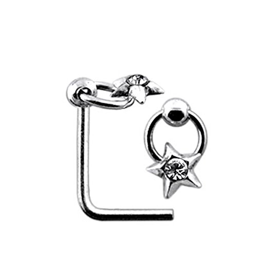 Jeweled Star on Moving Ring 925 Sterling Silver L Shaped Nose Pin - Size 20G(0.8MM) 5mmx5mm