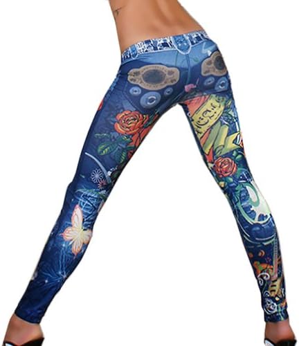 ECOSCO Women Cute legging Flower Butterfly Denim Print Fake Jeans Tight