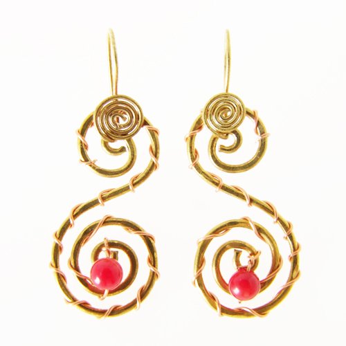 Handmade Fashion Jewelry - Red Coral Brass Swirl Dangle Hook Earrings