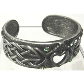 Celtic Knotwork Claddagh Cuff Bracelet Green Stones