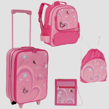 STEFANO Kinder Trolley SET // PINK Butterfly // Schmettlering Rucksack + Turnbeutel + Geldbörse + Reisetrolley Kindertrolley NEU