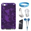 Perfect fit Silicone Purple Butterfly Case for 4th Generation iPod Touch + Clear Screen Protector + USB Car Charger + USB Wall Charger + Blue handsfree earphones + Wristband