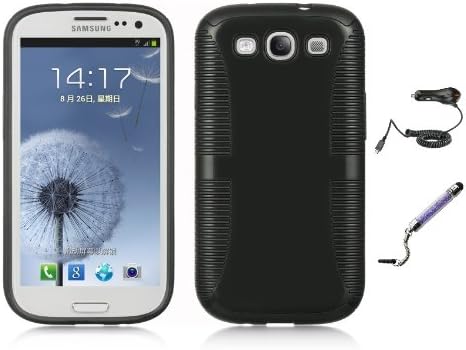Samsung Galaxy S3 S III I747 / I9300 Slim Fit Hybrid Phone Case with Screen Protector, Crystal Stylus, Holder, Car Charger (Black)