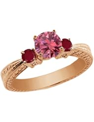 1.03 Ct Round Pink Diamond Red Ruby 14K Rose Gold 3-Stone Ring