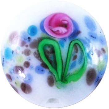 Lampwork Glass Bead White Flat Round with Flower 18mm (Package of 1 Bead)