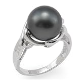 Tahitian Black Pearl Ring with Diamond in 14K White Gold