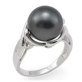 Tahitian Black Pearl Ring with Diamond in 14K White Gold by