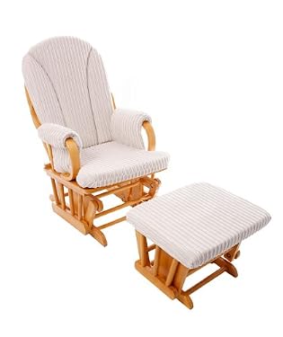 Dutailier Abigail Honey Wood Glider Chair and Stool - Jumbo Cord Natural Cushion