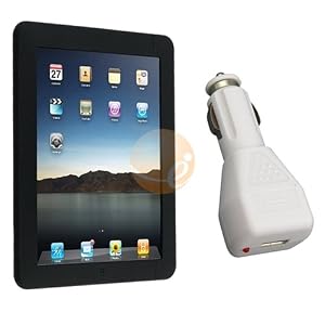 Black Silicone Skin Case + White USB Car Charger Adaptor for Apple iPad 16GB / 32GB / 64GB