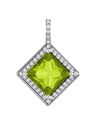 18K White Gold 8.00x8.00mm Princess Cut Peridot and Diamond Pendant