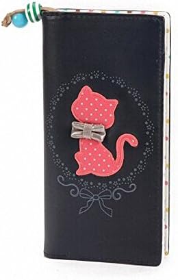 Beautiful Paradise Cute Cartoon Cat Dot Two Folding Zipper Leather Purse Wallet for Women Girls (long black)