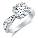 Solid 14k White OR Yellow Gold Round Brilliant Cut Solitaire with Round Side Stones Highest Quality CZ Cubic Zirconia Engagement Ring 2.0ct.