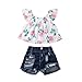 BiggerStore 2Pcs Toddler Baby Girl Off Shoulder Floral Top+Ripped Denim Shorts Outfits Set (White+Denim, 3-4 Years)