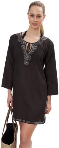 Beaded Cotton Kaftan Tunic Dress Black
