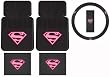Supergirl Pink Shield DC Comics 5pc Combo Set Front & Rear Car Floor Mats & Steering Wheel Cover Plus Bonus Matching Decal