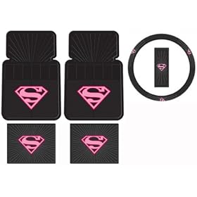 Supergirl Pink Shield DC Comics 5pc Combo Set Front & Rear Car Floor Mats & Steering Wheel Cover Plus Bonus Matching Decal