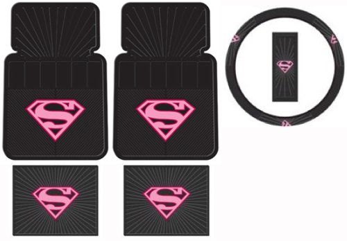 Supergirl Pink Shield DC Comics Front And Rear Car Floor Mats And Steering Wheel Cover