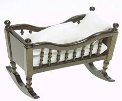 Dollhouse Miniature Heidi Ott Walnut Rocking Cradle and Bedding
