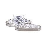 Sterling Silver Rhodium Cubic Zirconia 3-Stone Engagement Ring with Band