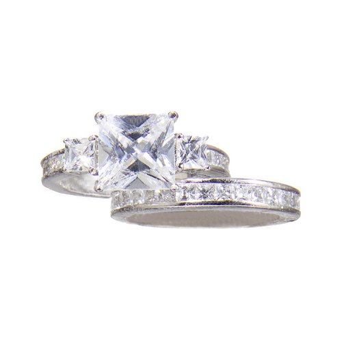 Sterling Silver Rhodium Cubic Zirconia 3-Stone Engagement Ring with Band