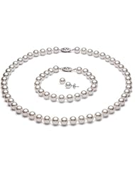 PremiumPearl 7-7.5mm White Cultured Akoya Saltwater Pearl Set AA+ Quality Yellow Gold