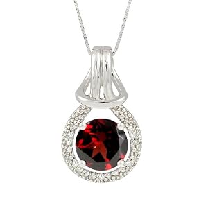 10k White Gold Round Garnet and Diamond Pendant (.03 cttw, I Color, I2... by