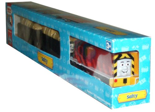 Trackmaster Road and Railway System - Thomas and Friends Motorized Road and Rail Battery Powered Tank Engine - Salty the Battered Old Diesel Engine with 2 Troublesome Trucks Loaded with Salt Packs