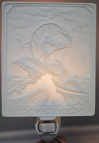 White Bisque Porcelain Lithophane "Mermaid Riding Dolphin" 4.5"T x 3.75"W Nightlight with Switch & 7W Bulb