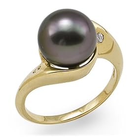 Tahitian Black Pearl Ring with Diamond in 14K Yellow Gold by Maui Divers of Hawaii