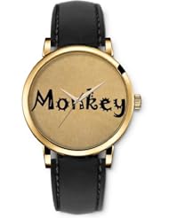 SPRAWL Aanalog Fashion Series Gold Ladies Watches of Genuine Black Leather Strap,Unique Wrist Watch for Women Girls Designed with Monkey beige background