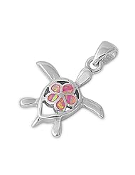 Pink Lab Opal Sea Turtle and Hawaiian Plumeria Flower Pendant and Necklace in Sterling Silver