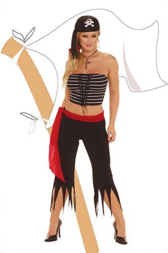 Pirate Costume Includes a Bandeau Top with Lace up Front, Pirate Pants, Sash, and Matching Pirate Hat.