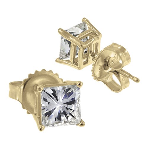 14k Yellow Gold 4 Prong Moissanite Princess Studs (.86 cttw equivalent)