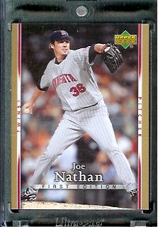 2007 Upper Deck First Edition Baseball Card #115 Joe Nathan Minnesota Twins - Mint Condition - In Protective Display Case !